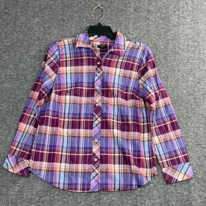 Talbots Purple Metallic Plaid Button Front Blouse Size Small Petite Long Sleeve